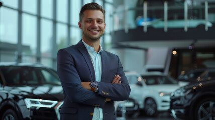 Portrait of beautiful business person smiling consultant in car salon. Car dealer in showroom