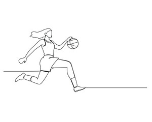 Continuous single line drawing of female basketball athlete running fast while dribbling the ball. basketball tournament event . Design illustration
