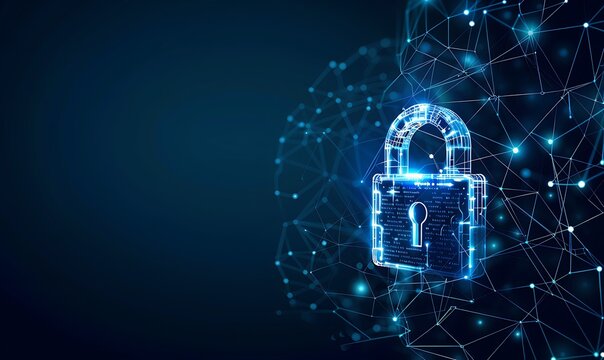 Cyber security concept. Lock symbol from lines and triangles, point connecting network on blue background. Illustration vector