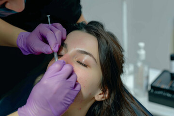 Fototapeta premium Young woman receives botox injection for facelifting. Aesthetic medicine