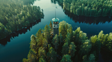 Stunning aerial shot of the Aulanko Observation Tower, nestled among vibrant green forests and...