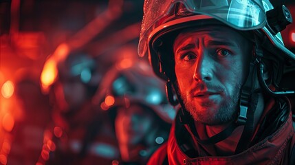 A firefighter coordinating with a team, close up, teamwork theme, realistic, overlay, command center backdrop