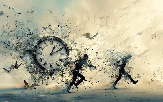 Illustration in grungy style witch clock and people running away from time