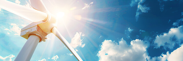 Close-up of wind turbine on blue sky background,
Wind turbine in the field generating energy
