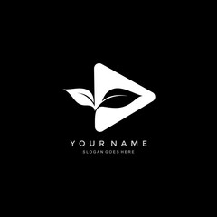 play button logo with natural leaves. vector illustration of the play button icon and nature leaves.symbol sign for nature-themed multimedia