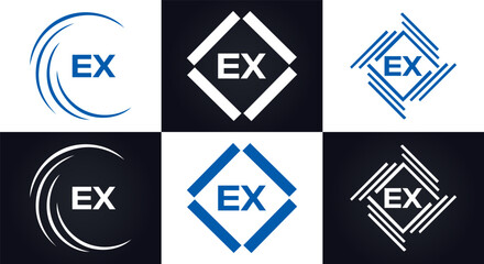 EX logo. E X design. White EX letter. EX, E X letter logo design. E X letter logo design in FIVE, FOUR, THREE, style. letter logo set in one artboard. E X letter logo vector design.