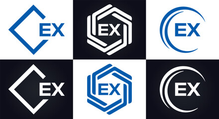EX logo. E X design. White EX letter. EX, E X letter logo design. E X letter logo design in FIVE, FOUR, THREE, style. letter logo set in one artboard. E X letter logo vector design.