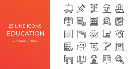 Education icon set vector design editable stroke. globe, painting, books and more
