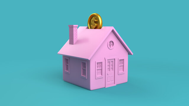 Little pink house used as piggy bank with gold dollar coin 3D illustration home as an investment concept