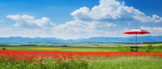 Panoramic landscape with green grass field, blue sky with clouds, mountains in background, summer spring meadow, shallow depth of field 8K , high-resolution, ultra HD,up32K HD