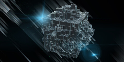 Abstract geometric background with group of 3d cubes and light. Concept business and technology template with 3d boxes. Big Data.