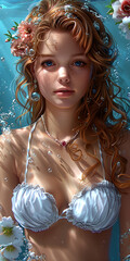 A woman with long red hair is in a pool with a flower in her hair