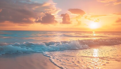 Fototapeta premium Closeup sea sand beach. Panoramic beach landscape. Inspire tropical beach seascape horizon. Orange and golden sunset sky calmness tranquil relaxing sunlight summer mood. Vacation travel holiday banner