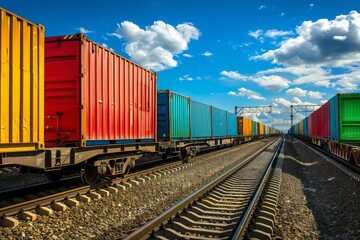 Obraz premium Vibrant cargo trains traveling on tracks beneath clear blue sky