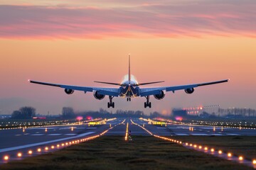 Dusk or dawn departure: large airplane ready for takeoff with landing gear down on runway