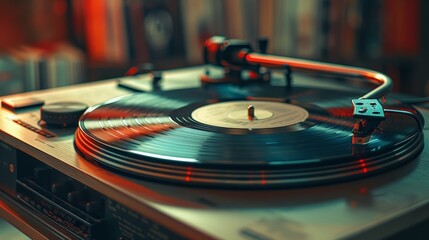 Naklejka premium Capture a vintage record player at a dynamic tilted angle, showcasing its intricate details in a retro color palette with a hint of grainy texture for an authentic feel