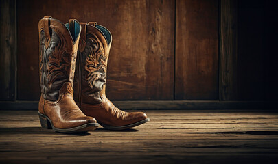 western cowboy boots on a wooden floor, photo realistic illustration