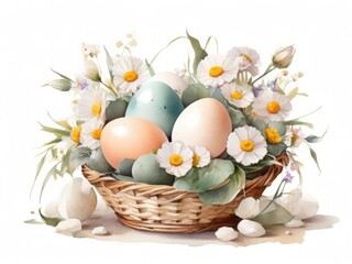 Wicker basket flowers chicken eggs table Easter.