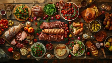 Fototapeta premium Capture the essence of a sumptuous feast with a dynamic tilted angle view of a gourmet meal spread out on a rustic wooden table