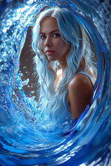 A woman with long blonde hair is in a blue wave