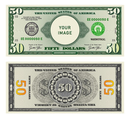 Vector highly detailed fictional beautiful 50 US dollar banknote. Obverse and reverse of American bill with guilloche patterns. Empty circle in center. Sample, your image. Fifty dollars.