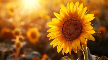 Fototapeta premium Focus on a blooming sunflower at golden hour