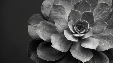 Illustrate a high-angle view of a succulent plant in monochromatic tones, focusing on delicate textures using macro photography, perfect for a minimalist digital design