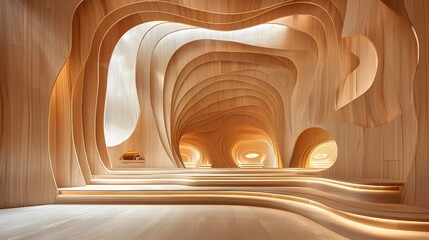 Abstract sustainable architecture clad in ecological organic wood. Modern luxury building background, 3d futuristic design, aesthetic wavy shape, innovative element minimal art museum city landscape.