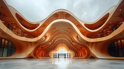 Sustainable architecture, modern luxury building background, clad in ecological organic wood, 3d abstract futuristic design, aesthetic wavy shape, innovative element minimal art museum city landscape.