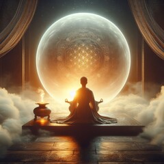 A monk in meditation before a gigantic, detailed cosmic moon, enveloped by clouds and framed by mystical temple curtains, evoking peace and enlightenment.. AI Generation