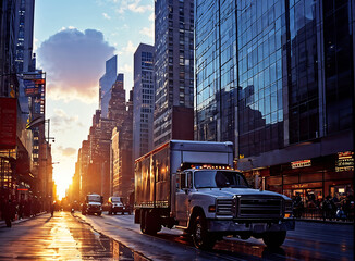 Obraz premium White trucks transport goods in the city in the morning.