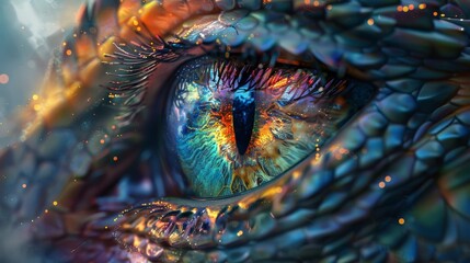 Illustrate a surreal scene of a mythical creatures eye reflecting a rainbow of colors through a macro lens, enhancing mystical details using digital painting techniques