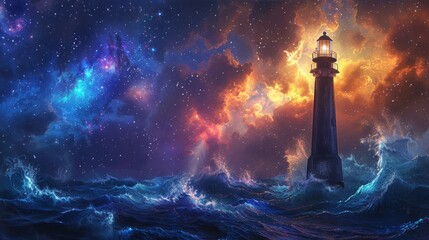 Imagine a digital illustration of a lone lighthouse standing tall amidst crashing waves under a starlit sky The beam of light reaching far