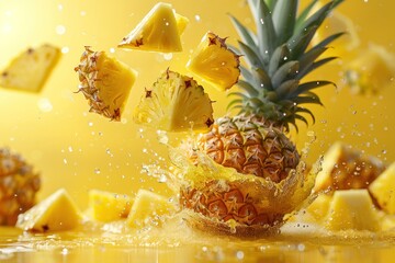 A pineapple is sliced and splashing water on a yellow background