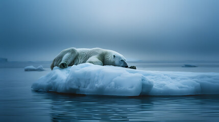 a polar bear curls up taking a nap on a small iceberg afloat in the Arctic Ocean