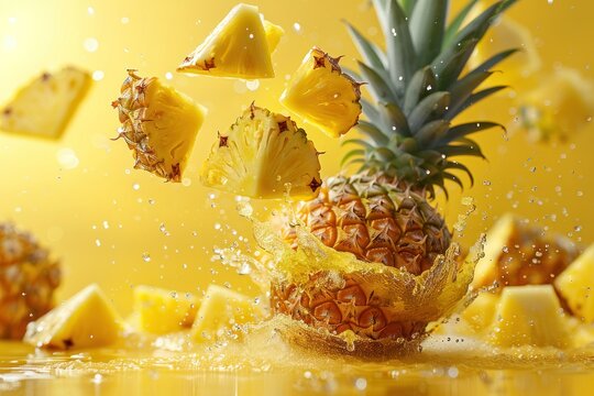 A pineapple is sliced and splashing water on a yellow background