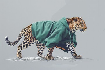 A leopard in a sea green retro Winter sweatshirt, striding confidently on a solid silver...
