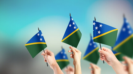 A group of people are holding small flags of Solomon Islands in their hands.
