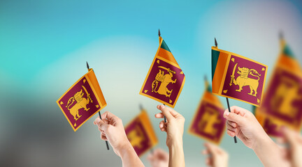 A group of people are holding small flags of Sri Lanka in their hands.