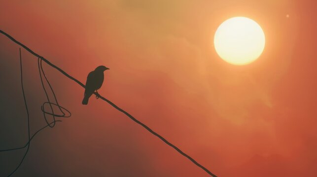 A bird is perched on a power pole in front of a large sun