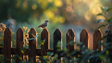 A bird is perched on a wooden fence