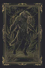 Werewolf cryptid poster card art. Michigan Dogman creature illustration.