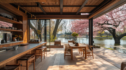 Fototapeta premium Natural brown shade dining room of a house resort by lake cherry blossom