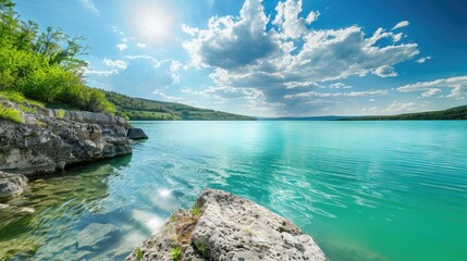 Scenic views on a bright summer day overlooking a lake with turquoise water