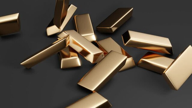 Gold bars falling on a dark background. Minimal modern motion design. Abstract animation
