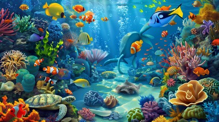 Fototapeta na wymiar underwater ocean Beautiful underwater world with many beautiful tropical fish and coral reefs.