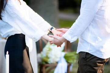 Bride and groom hands with wedding ring