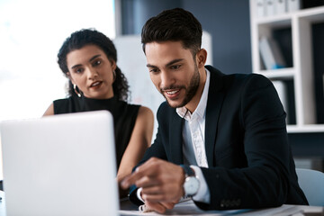 Corporate discussion, woman and man with laptop for planning project, meeting and research together by desk. Office, computer and business staff with collaboration for writing report and teamwork