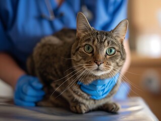 A tabby cat with green eyes is being gently held by a veterinarian wearing blue gloves and scrubs.