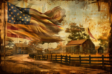 Naklejka premium Historical American Flag Illustration with Colonial Setting